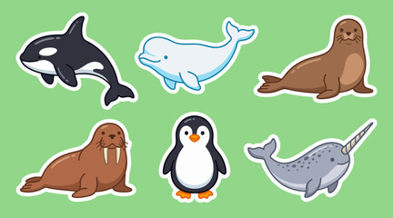 Cute arctic animals vector illustration collection featuring adorable orca beluga whale seal walrus penguin and narwhal in flat sticker style © AhmadMuslih