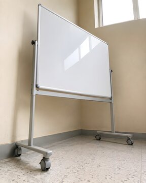 Portable whiteboard on squeaky castor wheels rolled toward the corner of a tuition room with a blank glossy panel in a slim frame