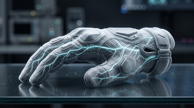 Futuristic robotic exoskeleton glove with glowing cyan electric nerve circuits lying on laboratory table
