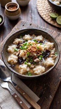 Delicious Indonesian Batagor Soup with Dumplings and Mushrooms.