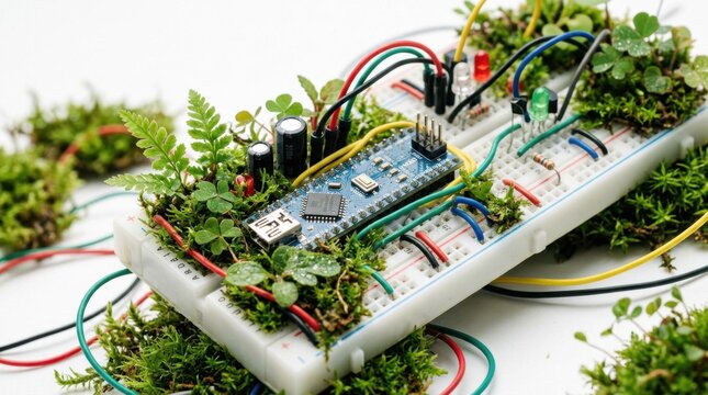 Close-up of a breadboard circuit with a microcontroller, surrounded by lush green moss and small plants, symbolizing green technology.