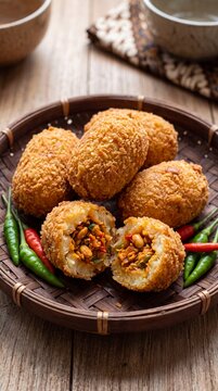 Delicious Indonesian Combro, a Traditional Fried Cassava Snack with Spicy Oncom Filling.