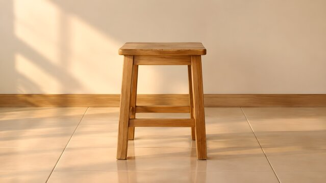 Plain wooden stool standing alone at the front of a tuition room with a square top and four simple legs on a bare tiled floor