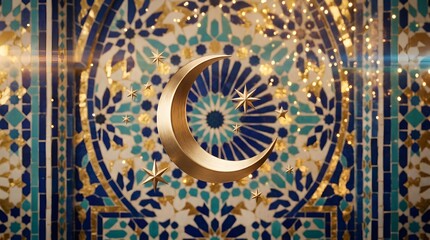 Obraz premium Golden crescent moon and stars over blue mosaic pattern for islamic holiday celebration background