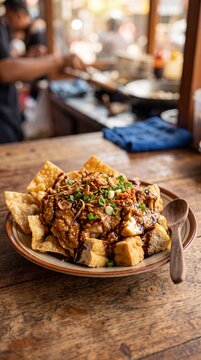 Delicious Indonesian street food Batagor or Siomay served with peanut sauce and garnishes on a rustic wooden table.