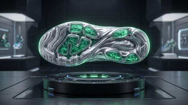 Futuristic shoe sole with glowing green graphene energy harvesting cells underneath