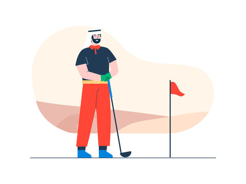 A male golfer wearing a traditional thobe or dark polo with a ghutra on his head, standing on a golf course with a club and flag. Dubai illustrations. Flat vector concepts.