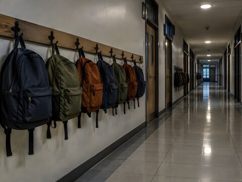 Unbranded backpacks hanging on hooks along a corridor wall outside tuition rooms