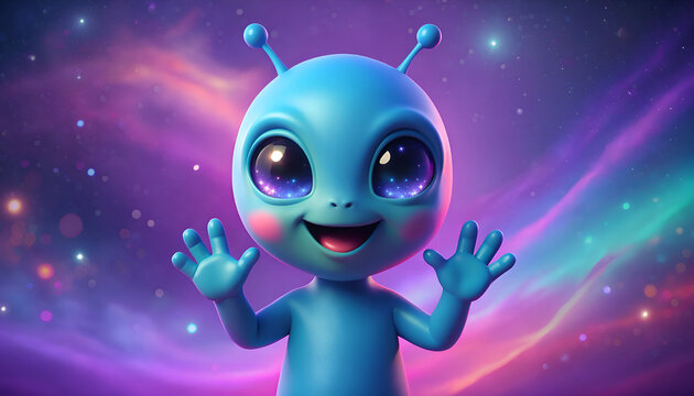 Cute blue alien character waving against a colorful nebula space background