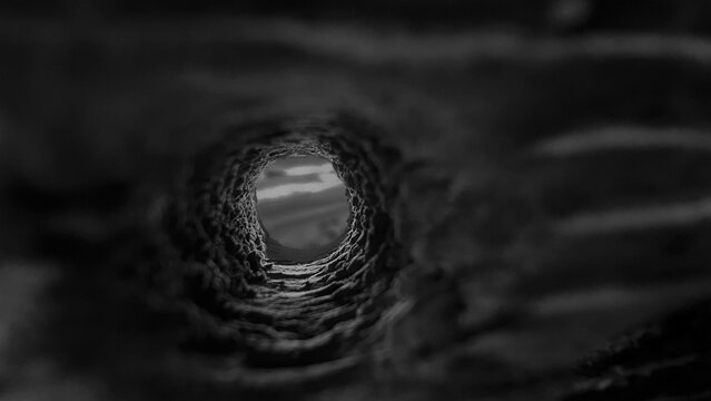 An evocative black-and-white macro shot through a tubular aperture, revealing a distant horizon with a dramatic, mysterious atmosphere.
