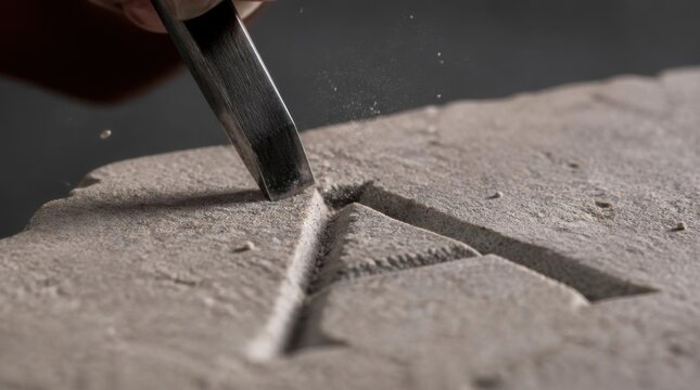 Close-up view of a hand carving the letter A into a stone with a chisel. Dust particles fly from the impact.