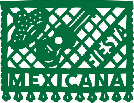 Green papel picado banner cutout featuring sombrero hat design and "Fiesta Mexicana" typography on white background for cultural event.