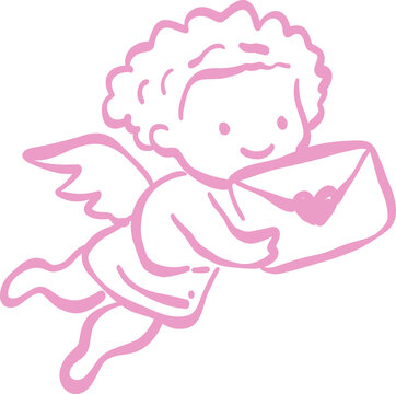 Cute cartoon cupid cherub with wings flying and holding a love letter envelope with a heart symbol simple pink line art illustration