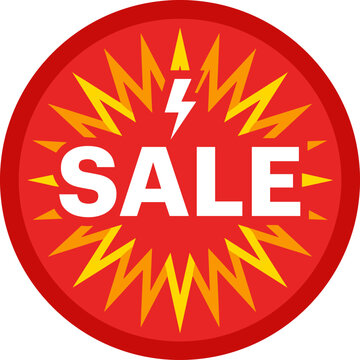 Circular red flash sale sticker with white text and yellow jagged explosion graphic, isolated on white.