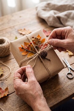 Hands Tying Twine Around a Rustic Autumn Gift Box.