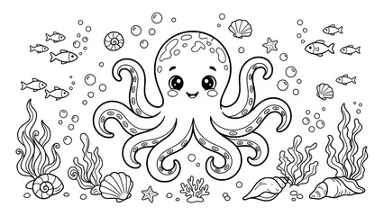 Cute cartoon octopus with fish and seashells for a fun ocean coloring page © Tanmoy