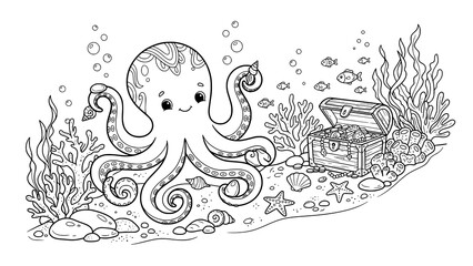 Cute octopus with treasure chest in underwater scene coloring page for children © Tanmoy