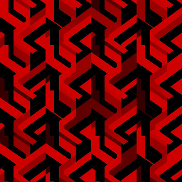 Dynamic Red Geometric Pattern with Interlocking Abstract Shapes and Depth.
