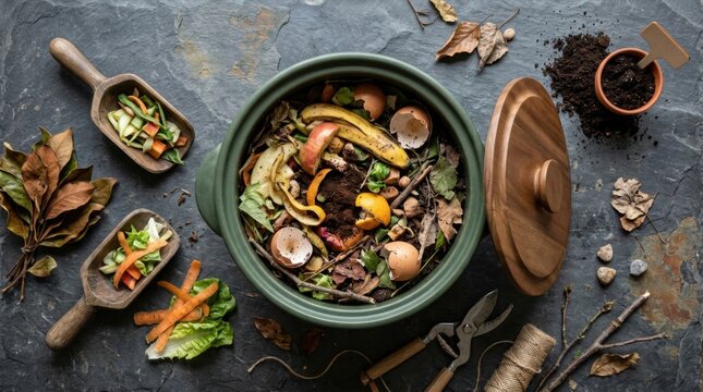 Top view of a green pot filled with organic composting materials, including food scraps and garden waste, ready for decomposition.