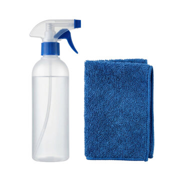 Photo-realistic cleaning supplies featuring transparent spray bottle with blue trigger and folded microfiber towel.