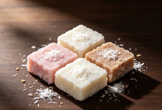 Traditional Indonesian getuk cassava cakes with colorful pieces, grated coconut, and authentic rustic food styling