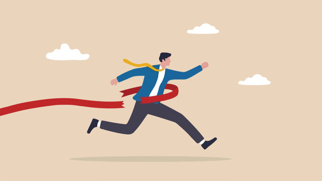 Crossing the finish line, corporate victory, outperforming competitors concept, businessman tearing through a flat solid red finish line ribbon, clean minimal flat vector illustration