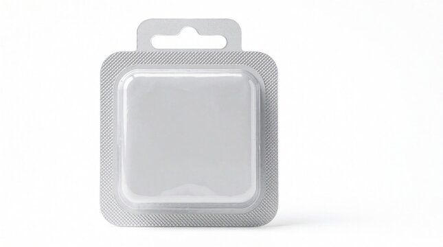Square clear plastic blister pack with silver foil backing and hanging tab. Ready for product presentation on a clean white background, ideal for retail display.