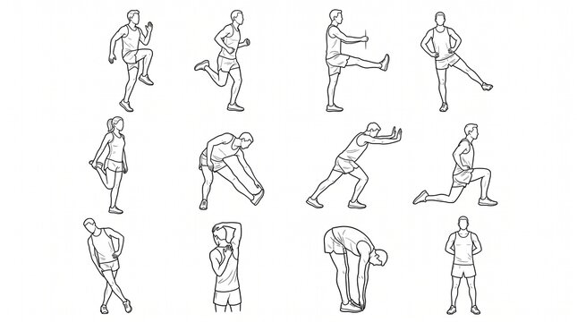 Set of line art illustrations showing various fitness and stretching exercises for a healthy lifestyle.