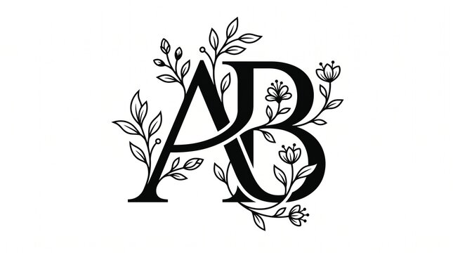 Floral letter AB monogram logo design with botanical line art elements
