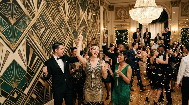 A lively 1920s themed party with elegantly dressed guests dancing and enjoying champagne. Features art deco decor and a festive atmosphere.