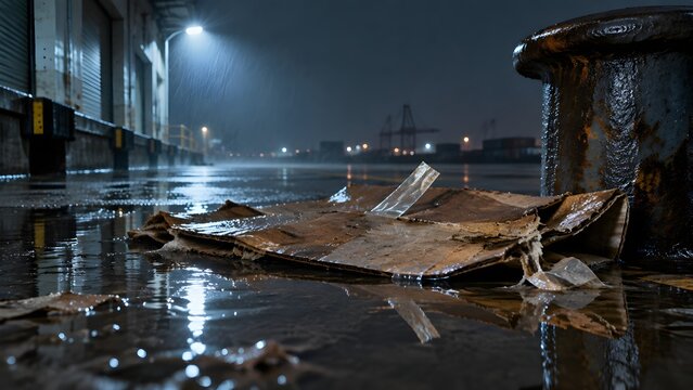 Rain soaked flattened carton lying in a puddle on a wet loading dock