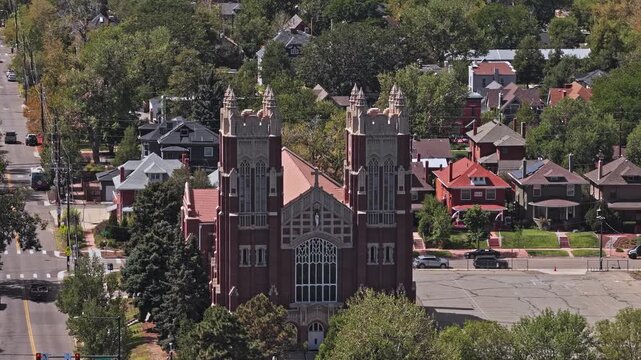 European style church in american city denver colorado drone video 4K