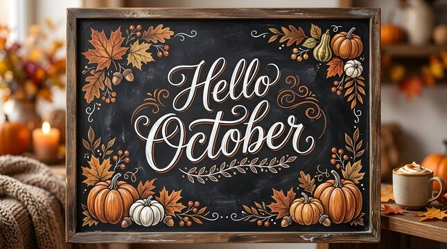 Chalkboard sign with hello october lettering, decorated with autumn leaves, pumpkins, and berries, set in a cozy rustic home environment with a warm candle and coffee mug