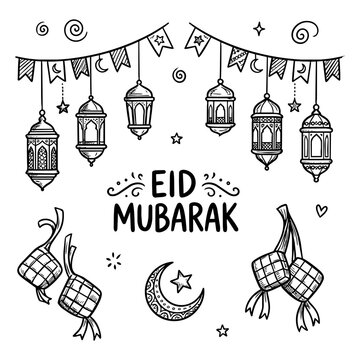 Eid Mubarak Hand Drawn Doodle Line Art Illustration Set