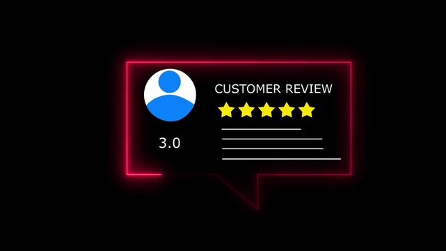A Vivid Neon Red Speech Bubble Outline Frames a Digital Customer Review Displaying a User Icon Three Yellow Stars and the Numerical Score 3.0 Against a Dark Black Backdrop 4k video

