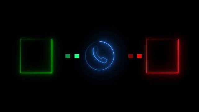 Neon call recording visual effect animation on alpha background, green and red glowing squares with phone icon 