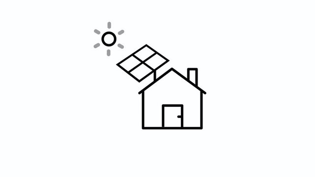 Solar Panel on House Animated Line Icon, White Renewable Energy Symbol, Clean Energy Home Illustration, Sustainable Power, Solar Electricity and Eco Friendly Technology Motion Graphic