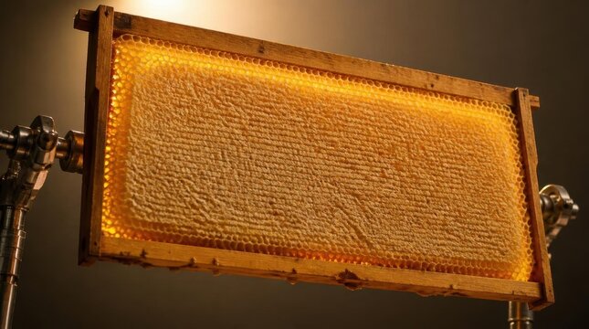 Full honeycomb frame glistening with golden honey and capped cells, dripping nectar.
