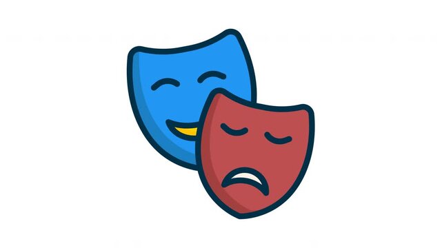 Icon animated theater comedy and tragedy masks. Blue smiling and red sad masks moving slightly in a seamless loop. Flat 2D motion graphic on transparent background.
