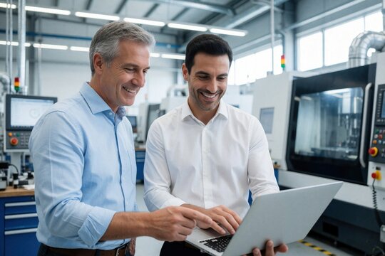 Two smiling male engineers discuss work using laptop in modern factory. Senior colleague explains data to younger coworker near industrial machinery. Pro teamwork in manufacturing plant with high