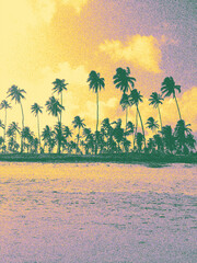 Retro halftone tropical beach with palm trees in purple and yellow duotone © Ana