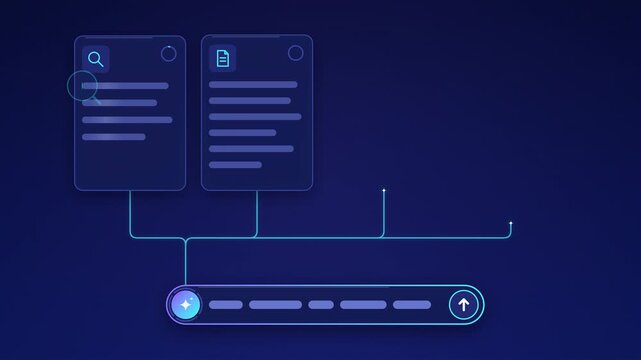 Artificial intelligence agent workflow showing prompt input, connected task cards, progress check and done status in futuristic style. AI prompt and task process with prompt to completion workflow