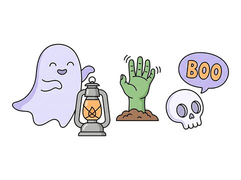 Simple Halloween illustrations of a cute ghost with lantern, zombie hand, and skull