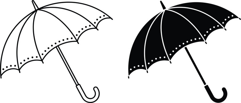 Vintage parasol umbrella icon set featuring dotted edge trims in linear outline and solid glyph silhouettes