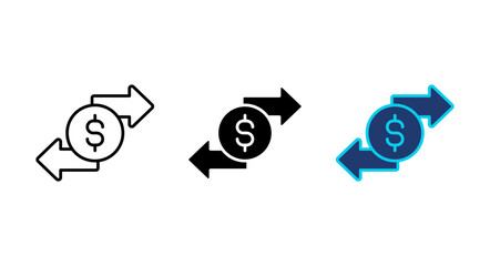Obraz premium Money transfer icon set, financial exchange symbol, dollar coin with arrows indicating bidirectional flow, vector illustration