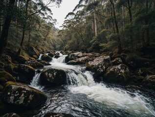 Fototapeta premium Beautiful forest cascade with white water flowing over dark mossy rocks. Small river stream runs through dense green woods and. Scenic mountain nature landscape with many trees, wild ecosystem in