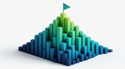 Obraz premium Abstract 3d bar chart mountain with flag represents business growth and goal achievement. Blue and green bars symbolize data progress and success.