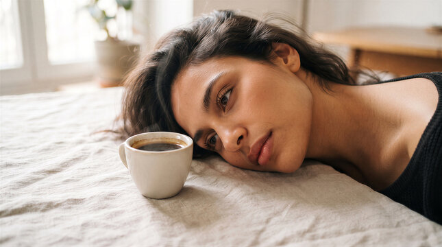 Young woman lying on bed with a cup of coffee looking thoughtful and contemplative in a cozy morning atmosphere