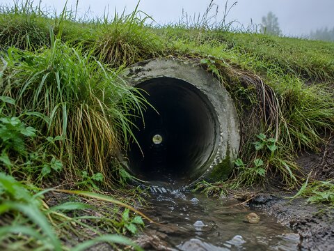 Concrete culvert pipe opening beneath a grass embankment ringed with mud