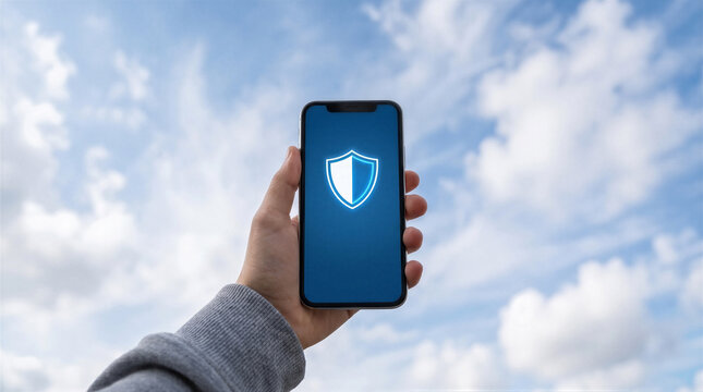 Hand holding a smartphone with a digital shield icon on the screen against a bright blue sky with clouds
